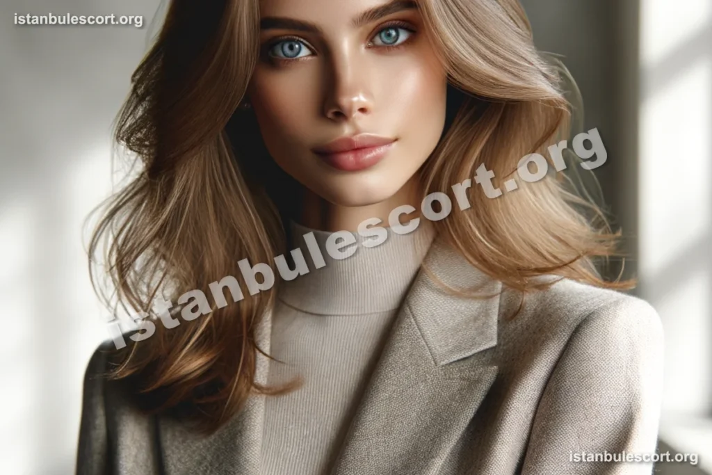 Close-up portrait of a woman with blue eyes and blonde hair, wearing a beige turtleneck and a matching blazer.